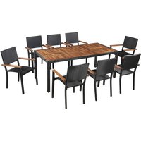 Bonnevie - 9-tlg. Gartenmöbel Set Sitzgruppe Garten mit Tisch und Stühlen - Poly Rattan Akazie Massivholz Schwarz BV202433 von BONNEVIE