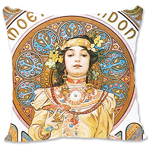 BONNIU Zierkissenhüllen mit Reißverschluss 45X45 cm Samt Kopfkissenschutzbezug Vintage Mädchen Porträt Kunst Dekoration - Mucha - Moet & Chandon 'Dry Imperial 1899 AL071 von BONNIU