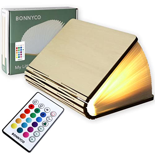 BONNYCO Buchlampe Holz mit Farbwechsel 16 Farben und Timer LED Buchlampe Geschenk für Frauen und Männer zum Geburtstag Weihnachten | Kleine Lampe Deko Wohnzimmer Schlafzimmer Zimmer | Buch Lampe von BONNYCO
