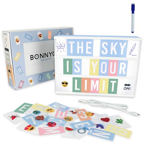 Light Box Blau A4 mit 400 Buchstaben, Emojis, 1 Stift, USB - BONNYCO | Ä Ö Ü ß | Blaue LED Lightbox Junge Kinderzimmer & Baby Party | Lichtkasten Buchstaben Geschenk für Geburtstag & Weihnachten von BONNYCO