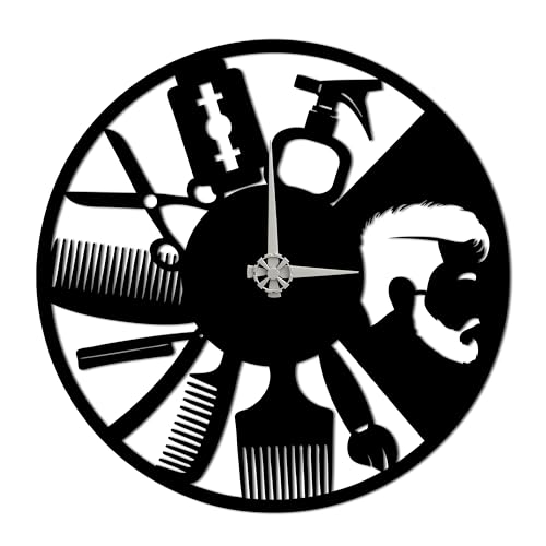 BONPERLA Barbershop Metall-Wanduhr – moderne Friseursalon-Dekoration, Uhr mit Friseurwerkzeugen und Stylisten-Silhouette, 50 x 50 cm von BONPERLA