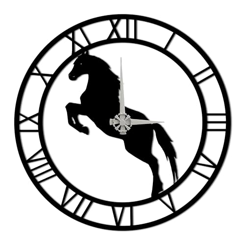 BONPERLA Dynamische schwarze Metall-Wanduhr mit aufziehendem Pferd – dekorative römische Ziffern Kunst für Heimdekoration | leises Uhrwerk | einzigartiges Reitdesign (35,1 x 35,1 cm) von BONPERLA