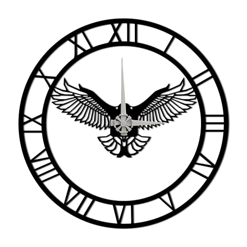 BONPERLA Majestätische schwarze Metall-Adler-Wanduhr – dekorative römische Ziffern Kunst für Heimdekoration | leises Quarzwerk | einzigartiges Vogel-Design (50 x 50 cm) von BONPERLA