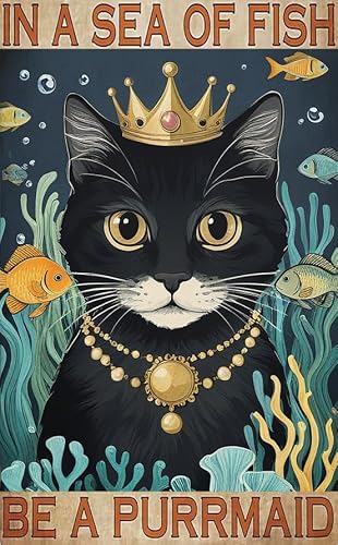 BONSPACE Metall-Blechschilder im Katzenstil "In A Sea Of Fish Be A Purrmaid, Coffee Home" Vintage Metallschild, 20,3 x 15,2 cm von BONSPACE