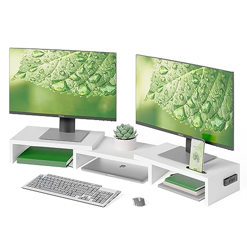 BONTEC Dual Monitor Stand Riser, Desktop Monitorständer mit Smartphone-Halter, Verstellbare Länge und Schwenkwinkel Holz Desktop Organizer Monitor Ständer für PC Monitor Laptop Drucker, Weiss von BONTEC