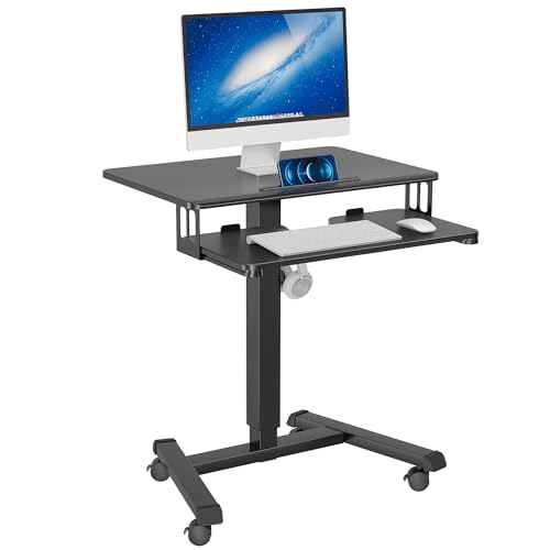 BONTEC Mobiler Schreibtisch mit 4 Rollen, Stehpult Höhenverstellbar 65×45cm Mobile Workstation, Laptoptisch mit Tastaturablage, Stehtisch für Wohnzimmer, Schlafzimmer von BONTEC