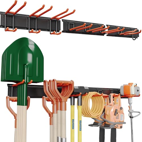 BONTEC Wandmontierter Werkzeughalter, 336 kg Tragfähigkeit, 3 Rail Panels, Verstellbare Garage Wandregale mit 8 Haken, Besenhalter, Gartengeräte Aufbewahrung, Stabil und Rostbeständig, Orange von BONTEC