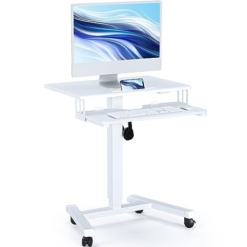 BONTEC Schreibtisch Höhenverstellbar mit Tastaturablage, mobiles Podium, Computer-Workstation bis zu 15 kg, Laptop-Sitz- oder Stehschreibtisch auf Rädern, höhenverstellbarer Stehtischm, Weiß von BONTEC