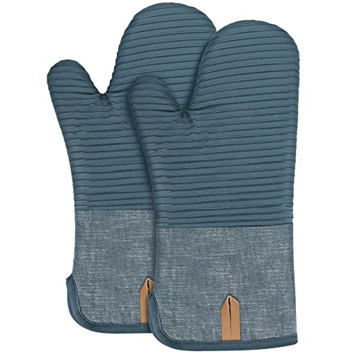 BONTHEE Ofenhandschuhe Topfhandschuhe Extra Lang Baumwolle kochhandschuhe mit Anti-Rutsch Silikon Gestreift backhandschuhe für Kochen Backen Grillen - 2er Set - Blau von BONTHEE