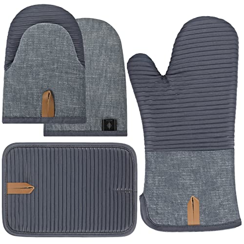 BONTHEE Ofenhandschuhe Topflappen Set Mini-Ofenhandschuhe Topfhandschuhe mit Anti-Rutsch Silikon Gestreift kochhandschuhe für Kochen Backen - 4er Set - Grau BONTHEE Ofenhandschuhe Topflappen Set Mini-Ofenhandschuhe Topfhandschuhe mit Anti-Rutsch Silikon Gestreift kochhandschuhe für Kochen Backen - 4er Set - Grau von BONTHEE