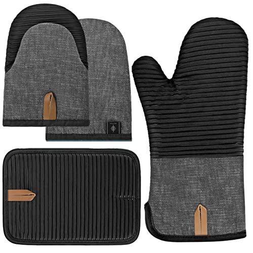 BONTHEE Ofenhandschuhe Topflappen Set Mini-Ofenhandschuhe Topfhandschuhe mit Anti-Rutsch Silikon Gestreift kochhandschuhe für Kochen Backen - 4er Set - Schwarz BONTHEE Ofenhandschuhe Topflappen Set Mini-Ofenhandschuhe Topfhandschuhe mit Anti-Rutsch Silikon Gestreift kochhandschuhe für Kochen Backen - 4er Set - Schwarz von BONTHEE