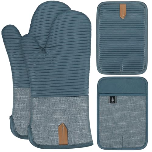 BONTHEE Topflappen Set Ofenhandschuhe Extra Lang Topfhandschuhe mit Anti-Rutsch Silikon Gestreift kochhandschuhe für Kochen Backen - 4er Set - Blau BONTHEE Topflappen Set Ofenhandschuhe Extra Lang Topfhandschuhe mit Anti-Rutsch Silikon Gestreift kochhandschuhe für Kochen Backen - 4er Set - Blau von BONTHEE