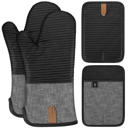 BONTHEE Topflappen Set Ofenhandschuhe Extra Lang Topfhandschuhe mit Anti-Rutsch Silikon Gestreift kochhandschuhe für Kochen Backen - 4er Set - Schwarz BONTHEE Topflappen Set Ofenhandschuhe Extra Lang Topfhandschuhe mit Anti-Rutsch Silikon Gestreift kochhandschuhe für Kochen Backen - 4er Set - Schwarz von BONTHEE