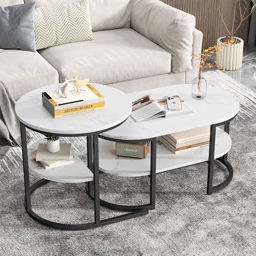 Runder und Rechtecke Couchtisch 2er-Set, Moderner 2 in 1 Wohnzimmertisch mit stauraum Marmor Optik Metallrahmen Beistelltisch Set für Empfangszimmer, Balkon und Büro (Weiß+Schwarz, A) von BONUIE