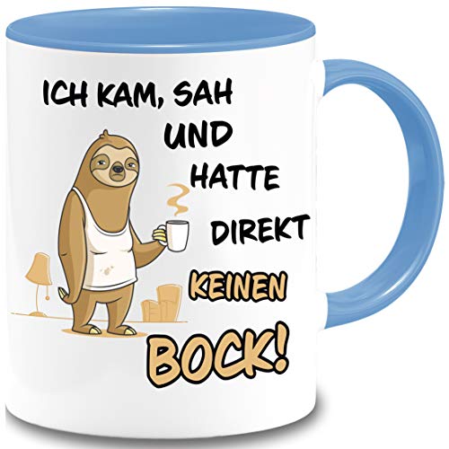 Tasse Faultier Spruch ICH KAM, SAH UND HATTE DIREKT KEINEN BOCK! Geschenkidee - Tasse mit Spruch - Kaffeetasse – Kaffeebecher – Bürotasse - Geschenk für Chef, Chefin, Arbeitskollege (Hellblau) von BOO Shirt