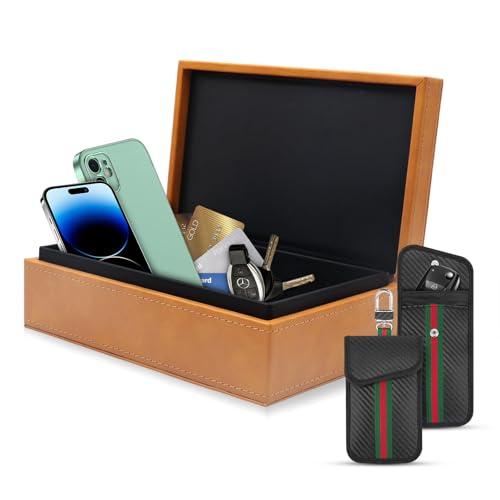 BOODPET Faraday Box für Autoschlüssel (Braun) – Vintage Crazy Horse Leder RFID-blockierende Hülle mit 2 Kohlefaser-Faraday-Taschen, Diebstahlschutz-Signalschutz für Handys und Karten von BOODPET