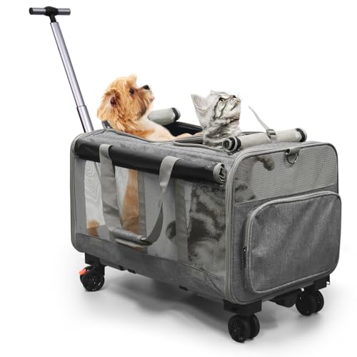 Tragbarer Transportwagen für Haustiere mit Rollen, faltbar, Fluggesellschaftsgröße für Katzen und Hunde bis zu 20 kg (60 × 40 × 45 cm), 2-in-1 abnehmbare Fächer, Grau + gratis Katzenspielzeug und von BOODPET
