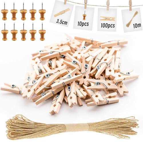 BOOHO 100 Stück Holzklammern 3,5cm, Mini Wäscheklammern DIY Geldgeschenke Deko für Fotos, Kleine Holzklammern mit 10 Nägeln und 10m Leinen für Fotowand Verpackung Gastgeschenk (3.5×0.7cm) von BOOHO
