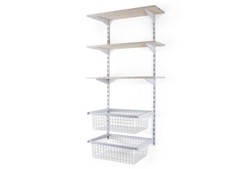 BOOMET Kleiderschrank Kleiderschranksystem Bausatz (Storage weiß) mit Fichtenboden begehbarer Kleiderschrank von BOOMET