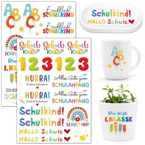 2Blatt Rub On Sticker Endlich Schulkind Aufkleber Einschulung Geschenk Transferaufkleber Alles Gute zum Schulanfang Geschenke Bunt Rub Ons Folie Hallo Schule Sprüche Deutsch für Glas Holz Gips von BOOMTOP