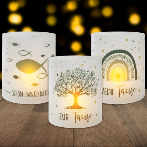 BOOMTOP 12 Windlicht Tischdeko Taufe Teelicht Lichthülle Schön dass du da bist Mini Kerzen Deko Grün Kommunion Tischlichter Weihnachten Konfirmation Erstkommunion Teelicht Kerzen Dekoration von BOOMTOP