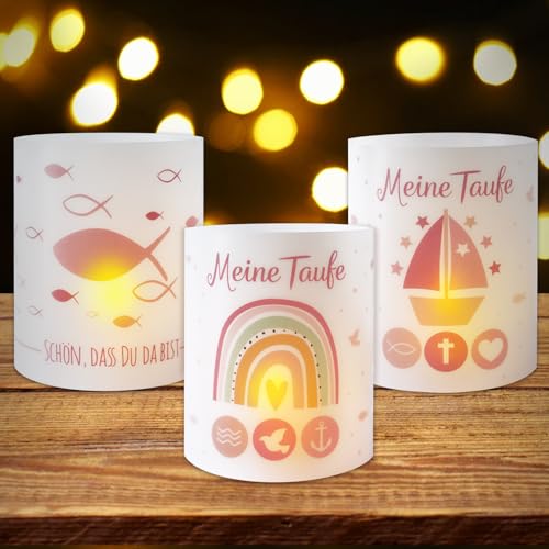 BOOMTOP 12 Windlicht Tischdeko Taufe Teelicht Lichthülle Schön DASS du da bist Mini Kerzen Deko Rosa Kommunion Tischlichter Meine Taufe Konfirmation Erstkommunion Teelicht Kerzen Dekoration von BOOMTOP