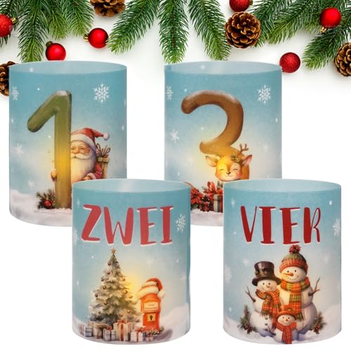 BOOMTOP 12Pcs Windlicht Tischdeko Advent Kerzen Deko Adventszahlen 1 2 3 4 Mini Teelichter Adventskranz Weihnachtsbmann Rentier Schneemann Kerzen Deko Lichthülle Indoor Outdoor Kerzen Dekoration Bunt von BOOMTOP