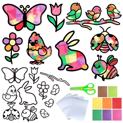 BOOMTOP 22 Stück Fensterbilder Basteln Frühling Kinder Bastelset Bunte Fensteraufkleber Blumen Vögel Schmetterlinge Hasen Biene zum Basteln Frühling Ostern Fenster Dekoration mit Buntglas-Effekt von BOOMTOP