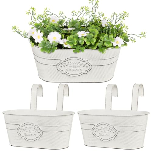 BOOMTOP 2pcs Metall Blumentopf Hängend Vintage Blumentöfpe mit Abnehmbar Haken Hängetöpfe für Pflanzen Blumen Hängetopf zum Aufhängen für Balkon Garten Wand Terrasse Innen Außen Weiß 27x14x12cm von BOOMTOP