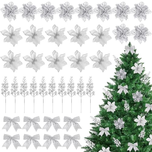 BOOMTOP 30 Weihnachtsblumen Künstlich Blumen Weihnachtsstern 8 Glitzer Schleifen Weihnachtsbaum Deko Kunstblumen Silber Weihnachtsschleife Weihnachtsbaumschmuck mit Beerenzweig Clips Neujahr Ornament von BOOMTOP