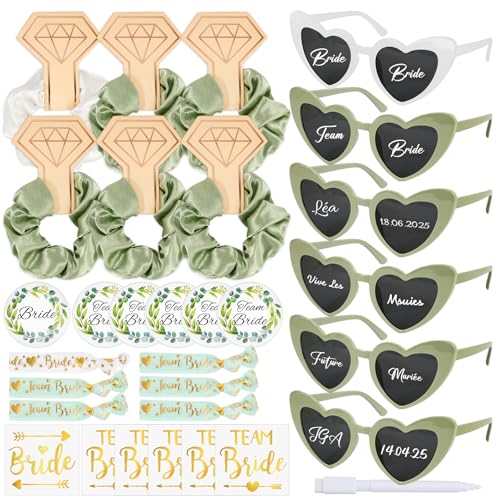 BOOMTOP 31 JGA Accessoires Frauen Sonnenbrille Armbänder Braut Buttons Grün Tattoos Team Bride Haargummis Junggesellinnenabschied Deko Personalisiert Herz Brillen für Hochzeit Bachelorette Brautparty von BOOMTOP