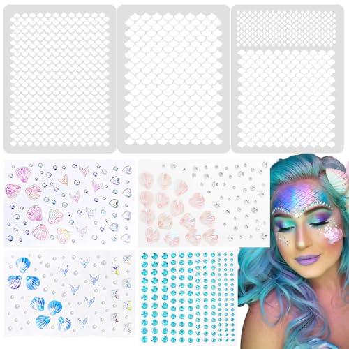 BOOMTOP 3pcs Fischschuppen Schablonen Meerjungfrau Kostüm Schminke Schablone mit 4x Glitzersteine Selbstklebend Strasssteine Karneval Kostüm Makeup Fasching Malvorlage zum Malen auf Wand Körper Möbel von BOOMTOP