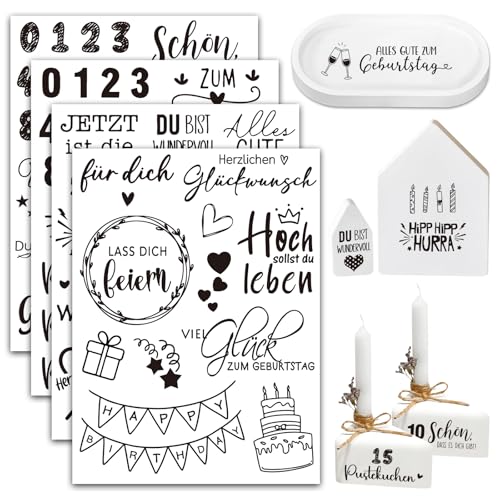 BOOMTOP 4 Blatt Rub On Sticker Geburtstag Transferaufkleber Selbstklebend Alles Gute zum Geburtstag Aufkleber Rub On Folie Deutsche Sprüche Rub Ons Zahlen DIY Handwerk für Glas Holz Keramik Acryl von BOOMTOP