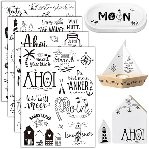 BOOMTOP 4 Blatt Rub On Sticker Maritim Transferaufkleber Meer Rub Ons Selbstklebend Ahoi Moin Maritime Sprüche Aufkleber Rub On Folie für Glas Holz Raysin Keramik Schwarz DIY Geschenkideen von BOOMTOP