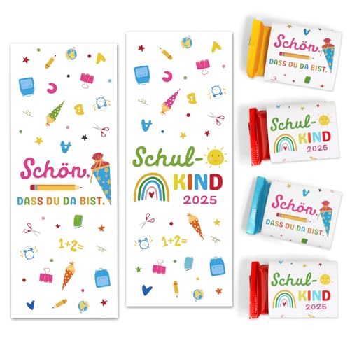 BOOMTOP 50 Schokoladenbanderole Schulanfang Schokolade Aufkleber Schulkind 2025 Schön dass du da bist Mini Schokoladen Banderolen Selbstklebend Sticker Gastgeschenk zur Einschulung von BOOMTOP