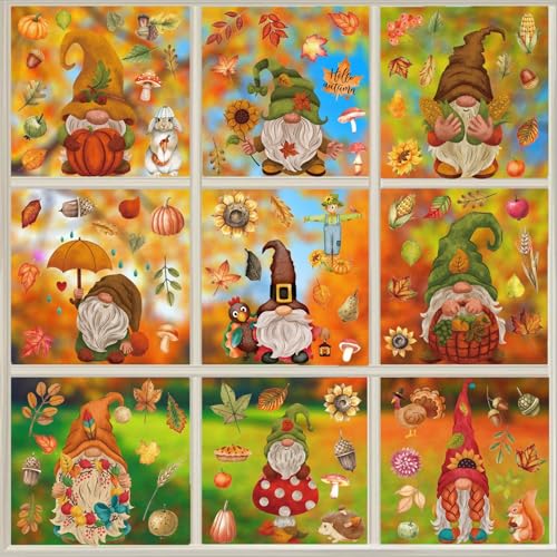 BOOMTOP 9 Blatt Fenster Aufkleber Herbst Selbstklebend Fensterbilder 105 Zwerge Ahornblätter Erntedankfest Thanksgiving Karneval Hebrst Deko Fenster Abziehbilder Fenstersticker Fenster Dekoration von BOOMTOP