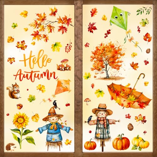 BOOMTOP 9 Blatt Fenster Aufkleber Herbst Vogelscheuche Selbstklebend Fensterbilder Ahornblätter Erntedankfest Thanksgiving Karneval Hebrst Deko Fenster Abziehbilder Fenstersticker Fenster Dekoration von BOOMTOP