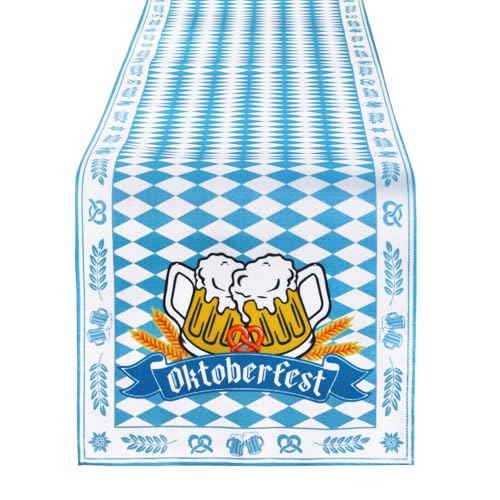 BOOMTOP Tischläufer Oktoberfest Bayerische Tischdecke Blau Weiß Tischdeko O’zapft is Bierfest Tischdekoration Abwaschbar Küche Esstisch Party Dekoration 180 x 33 cm von BOOMTOP
