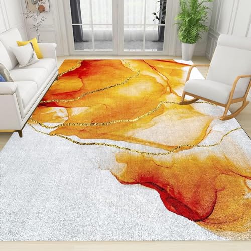 BOONGA Teppich Läufer Flur, Goldene Streifen Orange Marmor Retro Carpet rutschfest Waschbar Weiche Kurzflor Korridor Teppich für Wohnzimmer Küche Büro Schlafzimmer, 60 x 110 cm von BOONGA