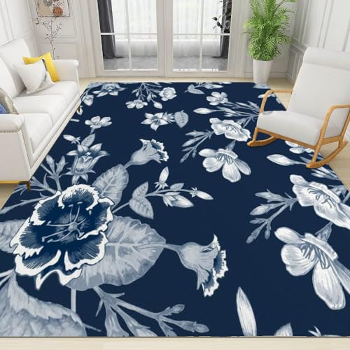 BOONGA Teppich Läufer Flur, Vintage Blaue Blume Carpet rutschfest Waschbar Weiche Kurzflor Korridor Teppich für Wohnzimmer Küche Büro Schlafzimmer, 80 x 120 cm von BOONGA