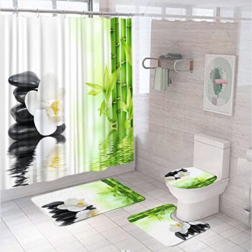 Bambus 4-teiliges Badezimmer-Duschvorhang-Set, mit Rutschfestem Teppich, WC-Deckelbezug, Badematte, Schwarzer Zen-Stein Wasserdichtes Shower Curtains und 12 Haken für Badezimmer, 200 x 200 cm von BOONGA