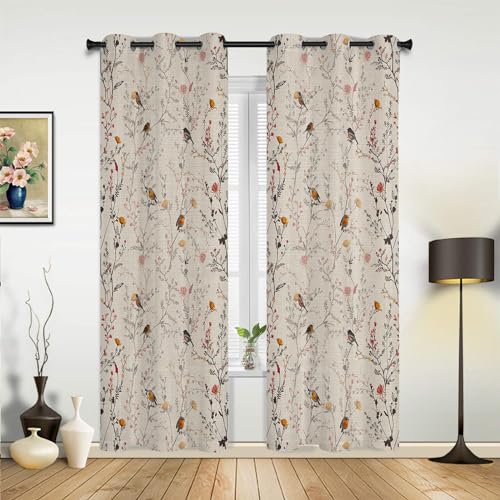 Blumen Vögel Blickdichte Gardinen Verdunkelungsvorhange 2er Set - Retro Wärmeisolierende Vorhänge mit Ösen für Wohnzimmer Schlafzimmer Blackout Curtains, 229 x 168 cm von BOONGA