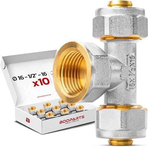 BOOPARTS - 10 Stück Schraubfitting T-Stück 16 mm x 1/2" IG x 16 mm (DN15-15-21) Messing - Innengewinde-T-Verbinder für Mehrschichtverbundrohr - Rohrfitting für Sanitär-, Heizungs- von BOOPARTS