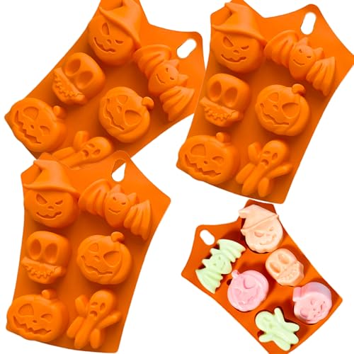 BOOSHMall 3 Stück Silikonform Halloween Backen, Halloween Backform Kürbis, Biscuit Mould, Enthält Elemente wie Fledermäuse, Kürbisköpfe, Schädel, Gespenster usw von BOOSHMall