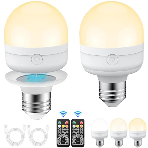 BOOTEEK 2 Stück Wiederaufladbare Glühbirne mit Fernbedienung, 3 Farbtemperaturen, Dimmbare E27/E26 Abnehmbare LED Glühbirne mit Timing-Funktion, Akku Glühbirne für Nicht Verkabelte Lampen, Dekoration von BOOTEEK