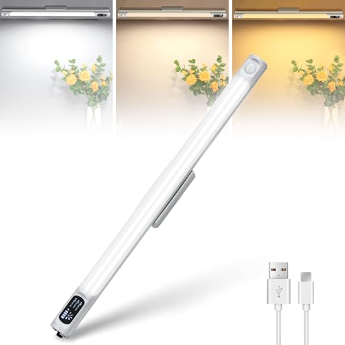 BOOTEEK 37CM Schrankbeleuchtung LED mit Bewegungsmelder,2500mAh USB Wiederaufladbar Unterbauleuchte Küche mit LCD-Anzeige,3 Farbmodi Dimmbar Magnetische Lichtleiste für Küche, Schlafzimmer, Treppe von BOOTEEK