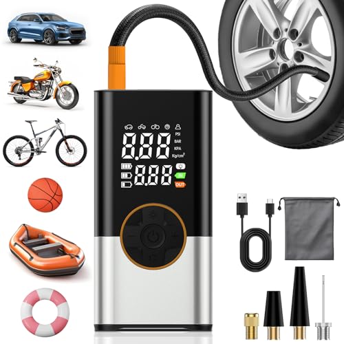 BOOTEEK Elektrische Luftpumpe Fahrrad Akku Kompressor,12V 6000mAh Tragbare Luftpumpe Elektrisch,150PSI Fahrradpumpe Elektrisch mit Manometer/LED-Licht für Auto,Motorrad,Fahrrad,Bälle,USB-Powerbank von BOOTEEK