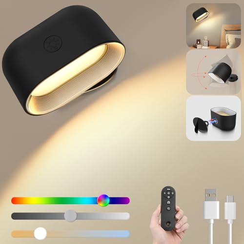 BOOTEEK LED Wandleuchte Innen RGB Wandlampe Dimmbar, 2500mAh Akku Wandlampe Kabellos mit Fernbedienung,Touch Control 3 Helligkeitsstufen,Timer,360° Drehbare für Wohnzimmer Schlafzimmer Küche(Schwarz) von BOOTEEK