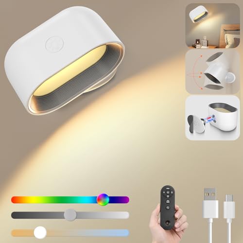 BOOTEEK Wandleuchte Innen,RGB Wandlampe Dimmbar,2500mAh Akku Wandlampe mit Fernbedienung,5 Helligkeitsstufen 3 Farbmodi,Timer,360° Drehbare Touch Control für Wohnzimmer Schlafzimmer Küche(Weiß) von BOOTEEK