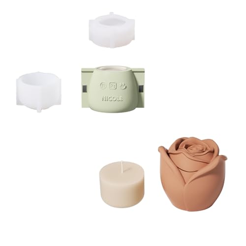 BOOWAN NICOLE Rose Beton Kerzengefäße Kerzendosen Silikonform mit Kerzen Nachfüllform,Jesmonit Kerzenständer Gips Gießformen fur Handgefertigte Heimdekoration (SH1068+LZ0691) von BOOWAN NICOLE